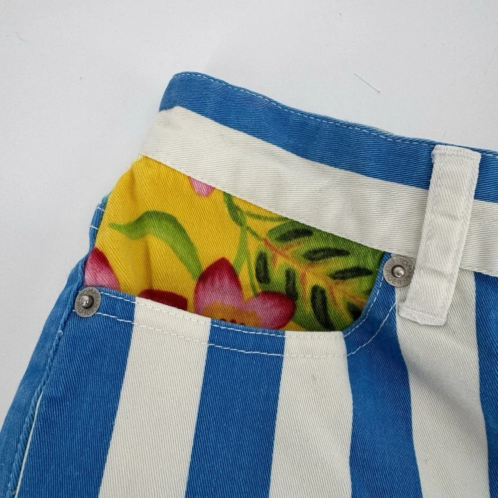 Tommy Hilfiger‎ Y2K Stripe Shorts Women's 4 Blue White Coastal Tropical Floral